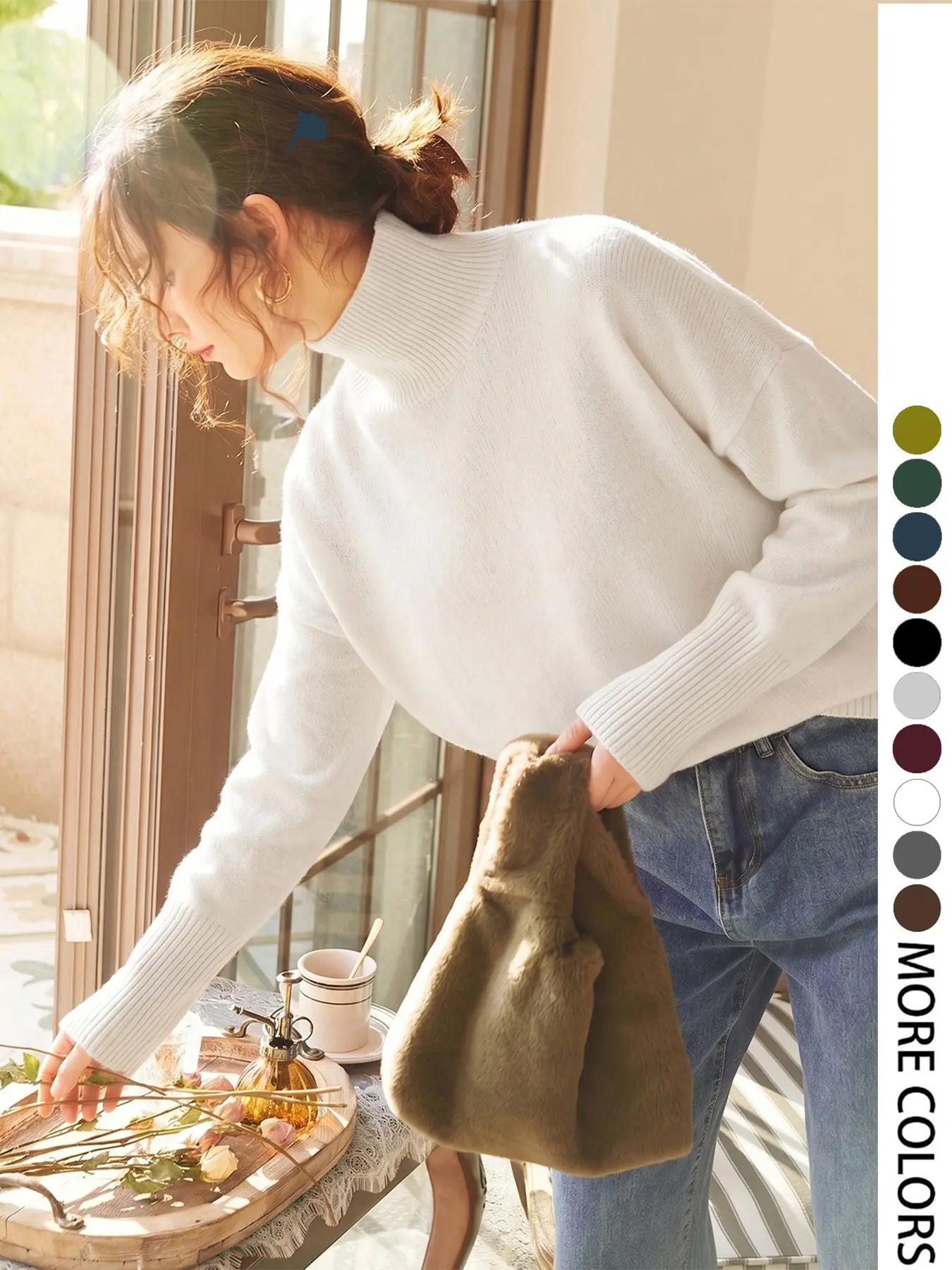 Women's Casual High Neck Knit Pullover, Loose Fit Long Sleeve Top, Solid Color, Fall Winter Fashion, Comfortable and Stylish
