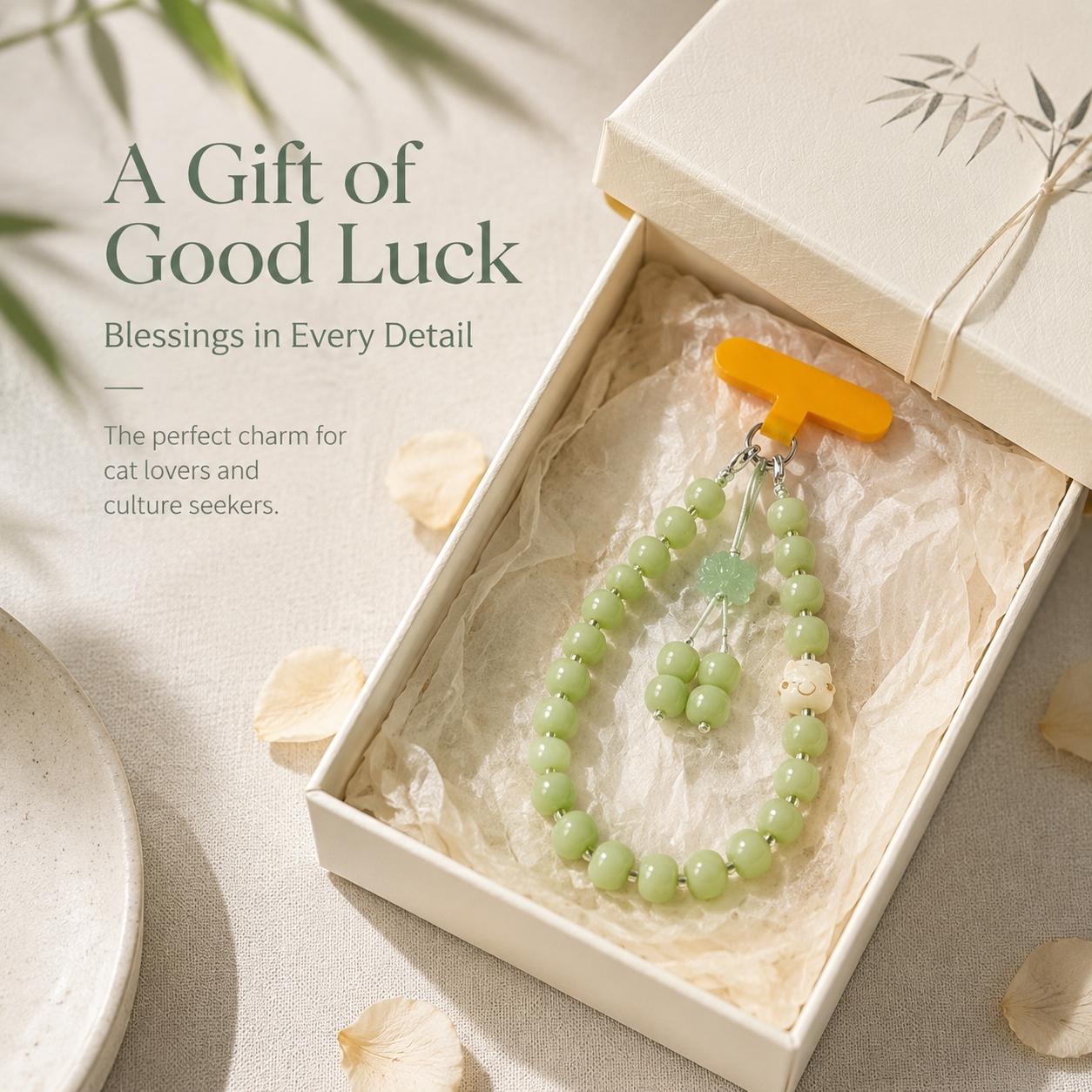 Anti-Lost Green Jade Beaded Phone Lanyard, Cute Lucky Cat & Lotus Charm Phone Strap, Aesthetic Phone Accessory