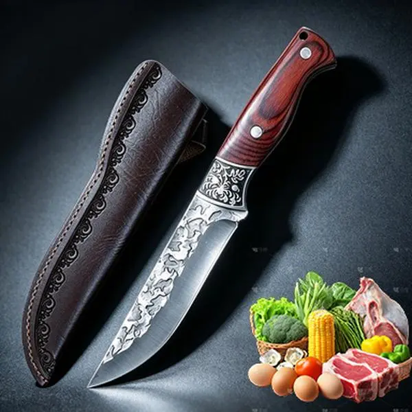 Fixed Blade Hunting Knife, Forged Pattern Stainless Steel Blade, Wood Handle With Decorative Leather Sheath, Utility Knife For Camping BBQ Meat Cutting Outdoor Use