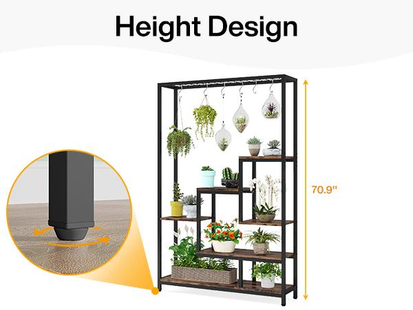 LITTLE TREE 5-Tier Tall Indoor Plant Stand, 70.9 inches Large Metal Plant Shelf with 6PC S Hanging Hooks, Multi-Purpose Flower Bonsai Pots Display Rack for Indoor, Garden, Balcony, Living Room