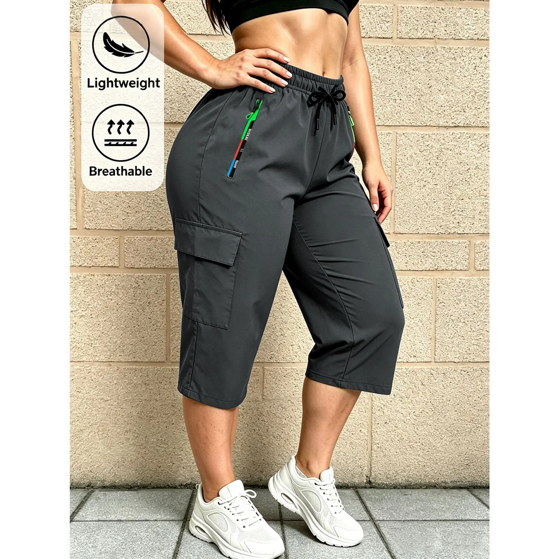 Women's Cropped High-Waisted Sports Joggers - Elastic Drawstring Waist, Printed Zipper, Multiple Pockets, Machine Washable Female Wear for Outdoor Sports, Spring & Summer Daily Leisure Clothing