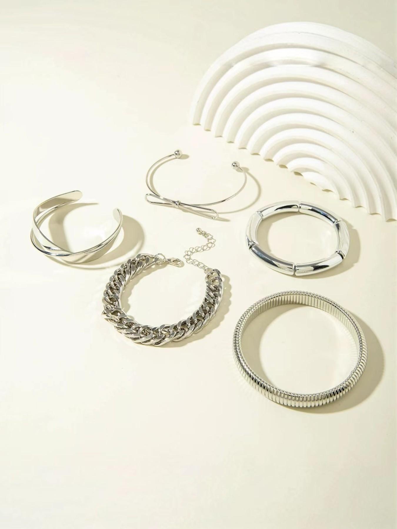 6 Pcs Silver Color Stackable Bracelet Set for Women, Punk Industrial Cuban Chain Open Cuff, Multi-Layer Metal Style, Street/party Fashion