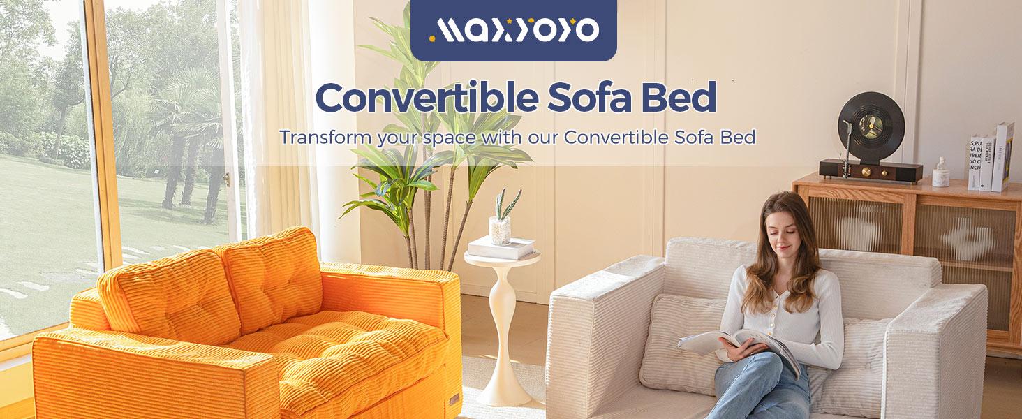 MAXYOYO Convertible Sofa Bed, Pull Out Loveseat Sleeper Sofa, 2 in 1 Folding Couch Bed, Fold Out Floor Couch with Pillows for Living Room Bedroom Lounge