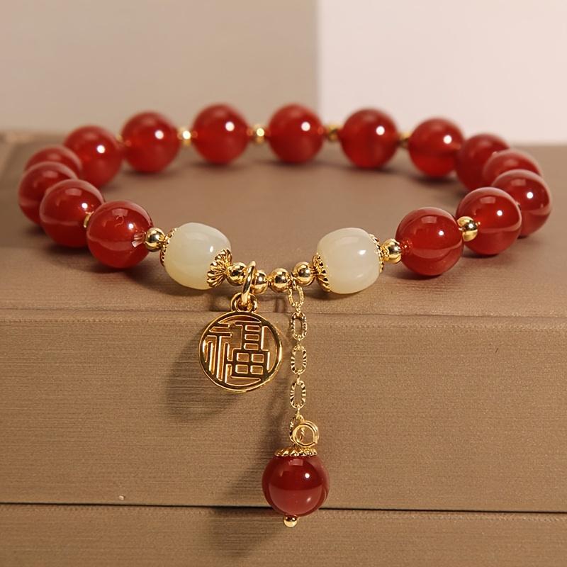 Women's Chinese Lucky Fortune Bracelet - Red Good Luck Charm Beads with Fu Character, Elegant Vintage Jewelry Gift for Mothers Day, Birthdays & Daily Wear for Luck