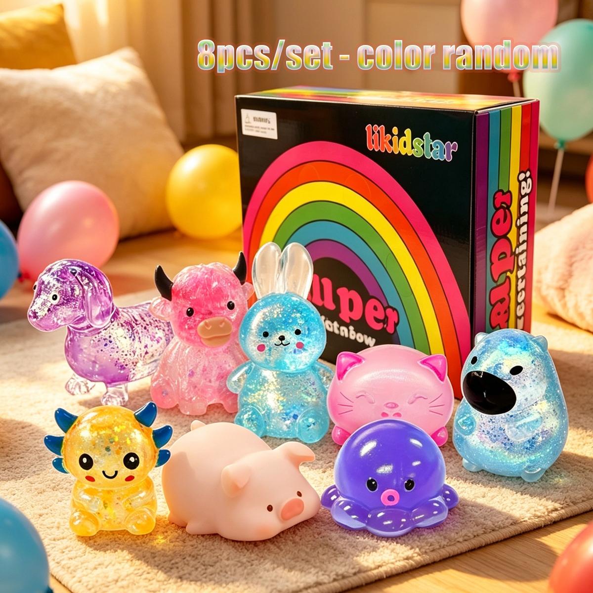 8pcs/set - Novel and exquisite simulation animal and other multi style glitter series pinch music set, stress relieving creative release slow rebound pinch, family school entertainment party gifts