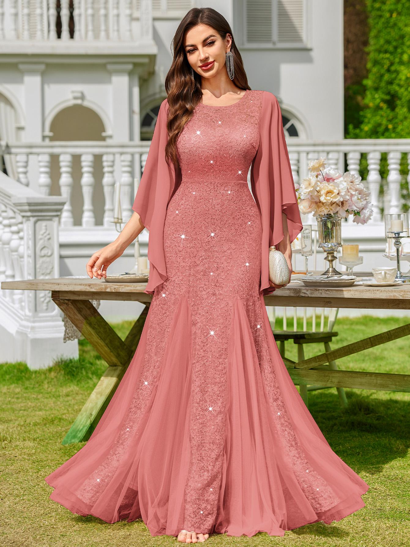 MIUSOL 24438A Women's Sequin Lace Tulle Hem Formal Evening Mermaid Hem Maxi Dress