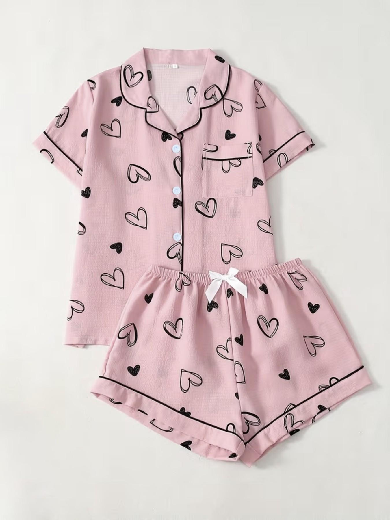 Women's Pajama Set, Shell Starfish Print Loungewear, Short Sleeve Button-Down Shirt & Elastic Waist Shorts, Casual and Comfortable Nightwear for All Seasons, Pyjamas Set