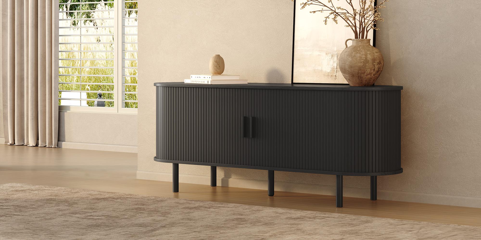 【SPOTLIGHT DAY】ONBRILL 55"/63" Fluted TV Stand with Power Outlet for TVs up to 70 Inch, Entertainment Center with Storage and Adjustable Shelves, Modern Media Console with Sliding Doors for Living Room