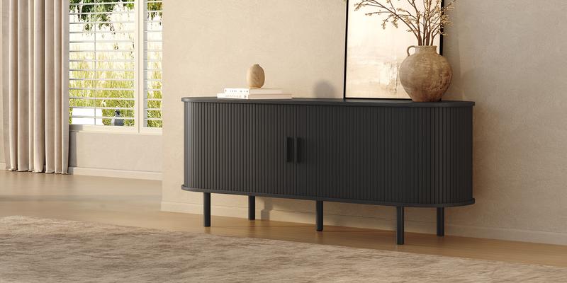 【Valentine's Day gift】ONBRILL 55"/63" Fluted TV Stand with Power Outlet for TVs up to 70 Inch, Entertainment Center with Storage and Adjustable Shelves, Modern Media Console with Sliding Doors for Living Room