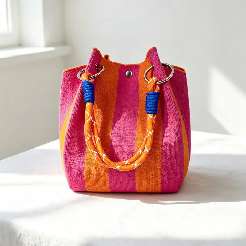 Colorblock Striped Christmas Knit Bucket Bag, Small Detachable Woven Strap Handbag, Casual All-Season Shopping & Party Gift, Bucket Purse