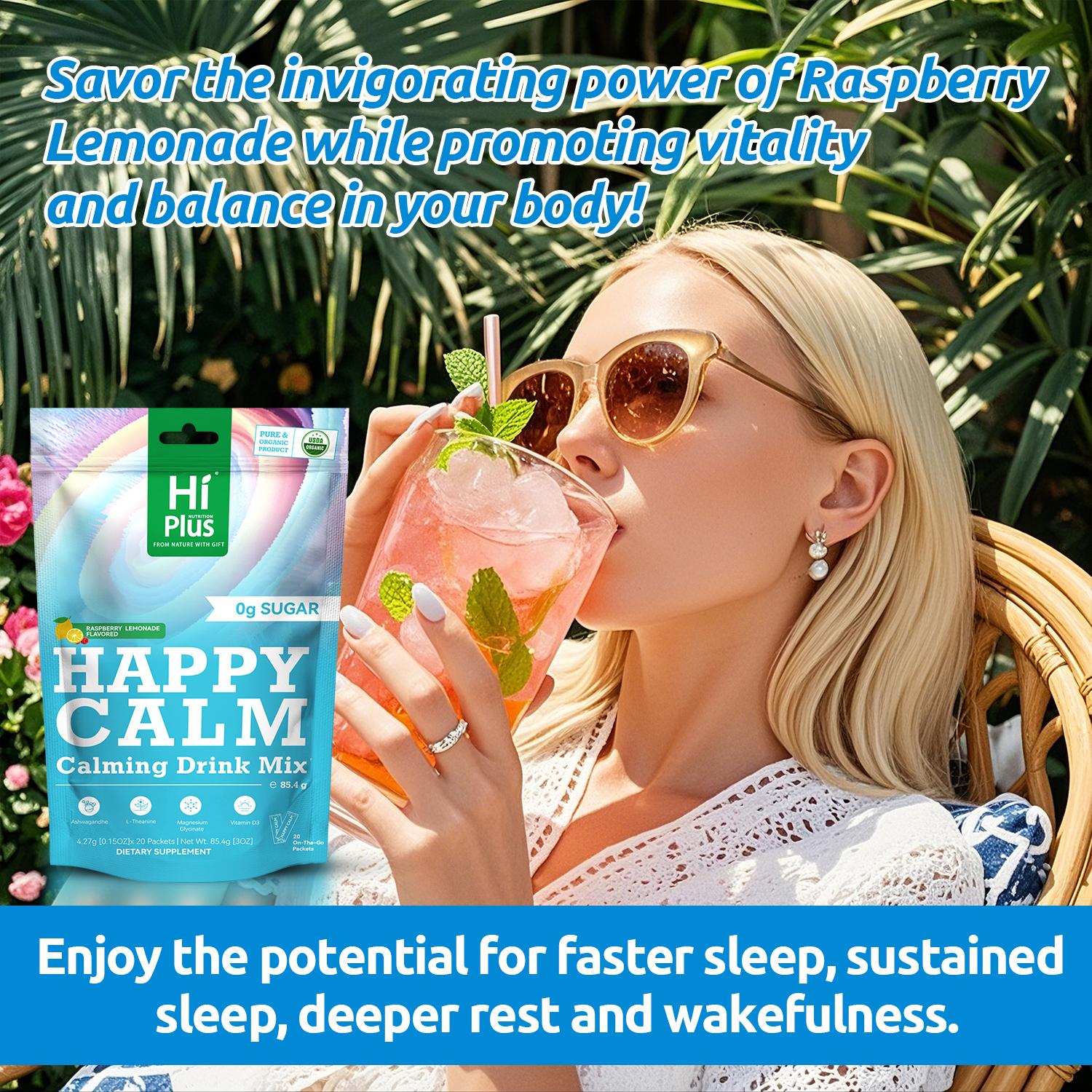 HiPlus HAPPY CALM-Raspberry Lemonade,Calming Drink Powder with L-Theanine,KSM-66 Aloe Vera,Magnesium Glycinate,and Vitamin D3|Supports Cortisol Balance, Mood,and Sleep,Helps Manage Episodic Stress | Vegan, Non-GMO,Sugar-Free,Pack of 20 (On-the-Go) Organic
