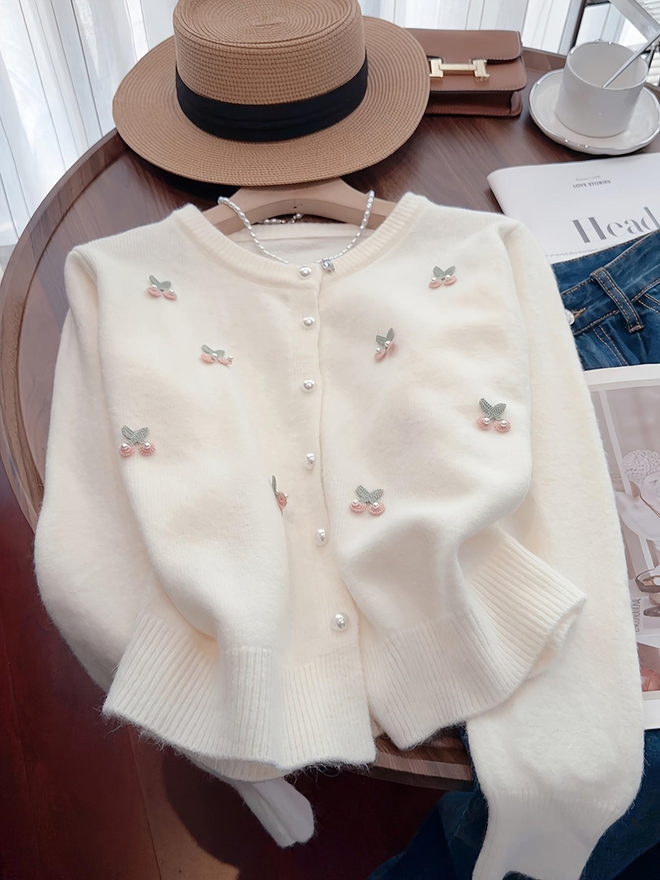 Women's Cherry Embroidered Knit Jacket, Spring & Fall Slim Fit Casual, Elegant Pearl Button Cardigan, Perfect for Dates & Outdoor Activities