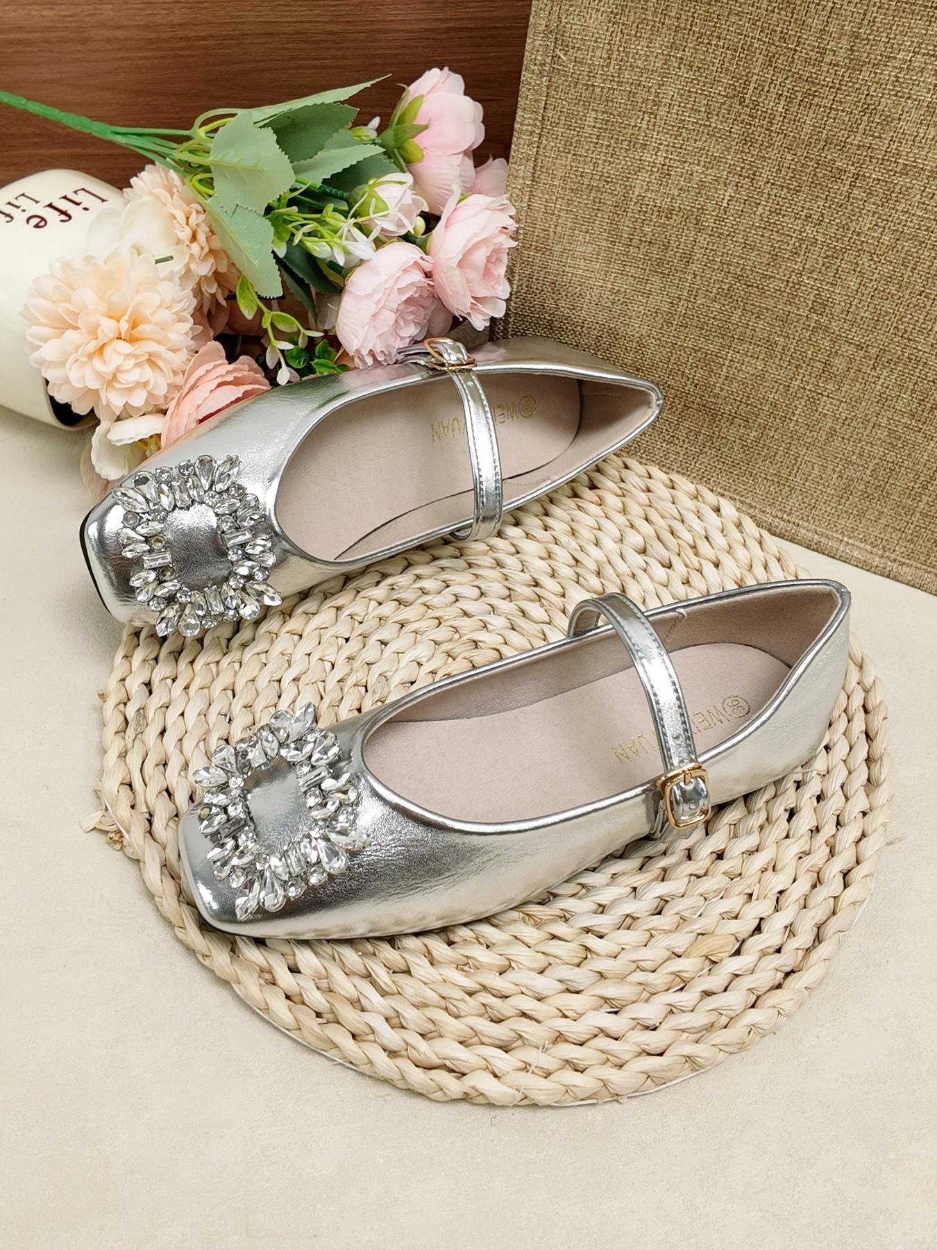 French Square Toe Mary Jane Shoes, Rhinestone Buckle Strap Flat Shoes, Soft Sole Casual Women's Shoes for Office and Dating