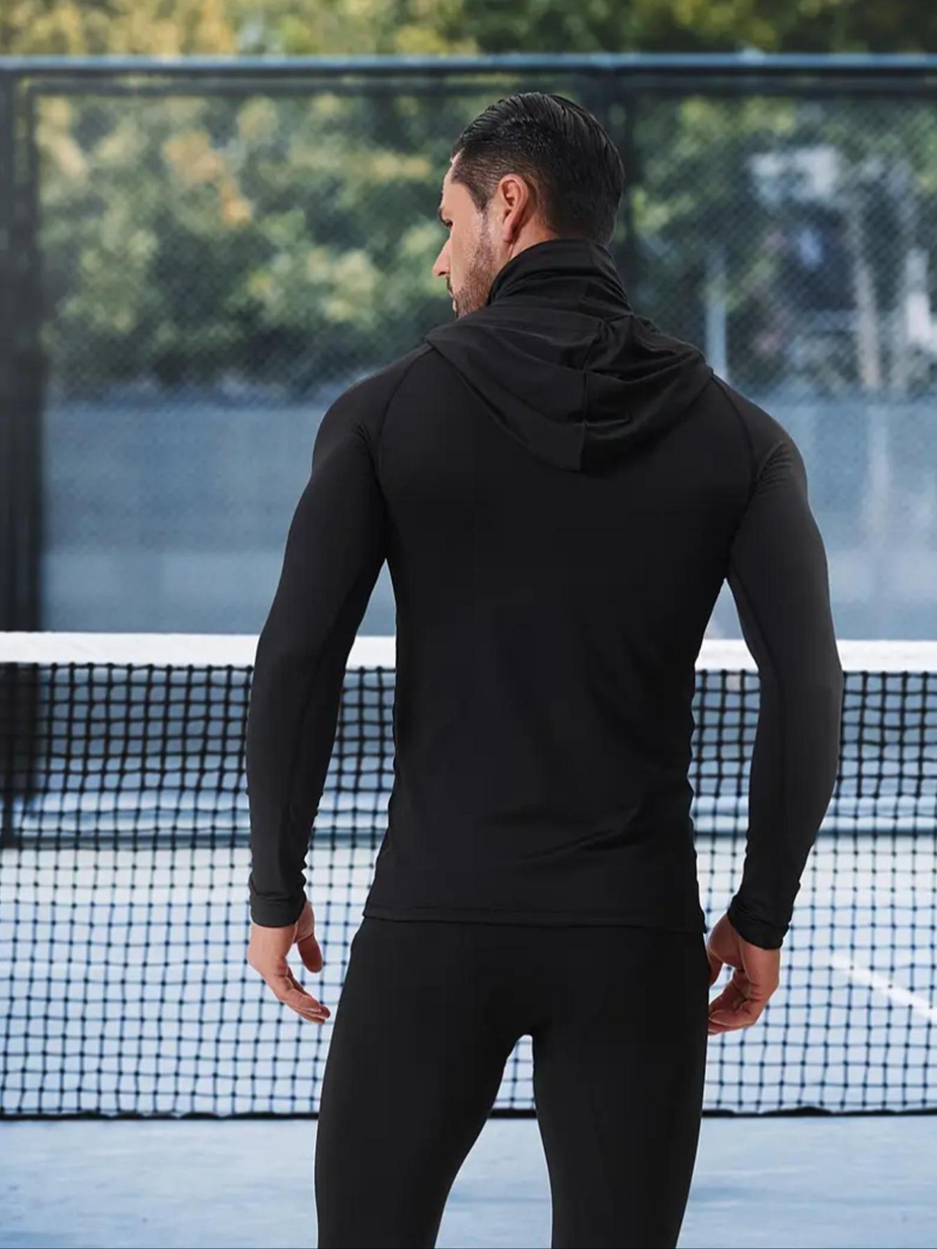 Set of 3 men's quick-drying windproof hooded long-sleeve sports tops, includes face mask, suitable for outdoor activities, running, and fitness compression sportswear, Athletic Hoodies