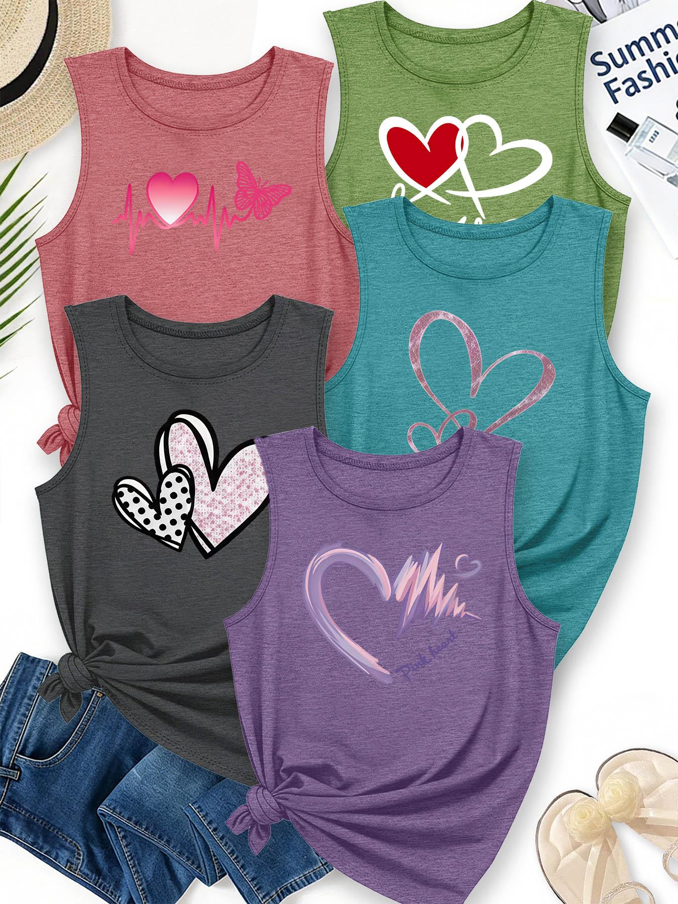 5Pcs Women Crew Neck Sleeveless Tank Tops, Varied Texture Heart Butterfly Sweet Print, Multi-color Washable Spring Summer Top, Soft Skin-friendly Fabric Daily Versatile Fashion Design