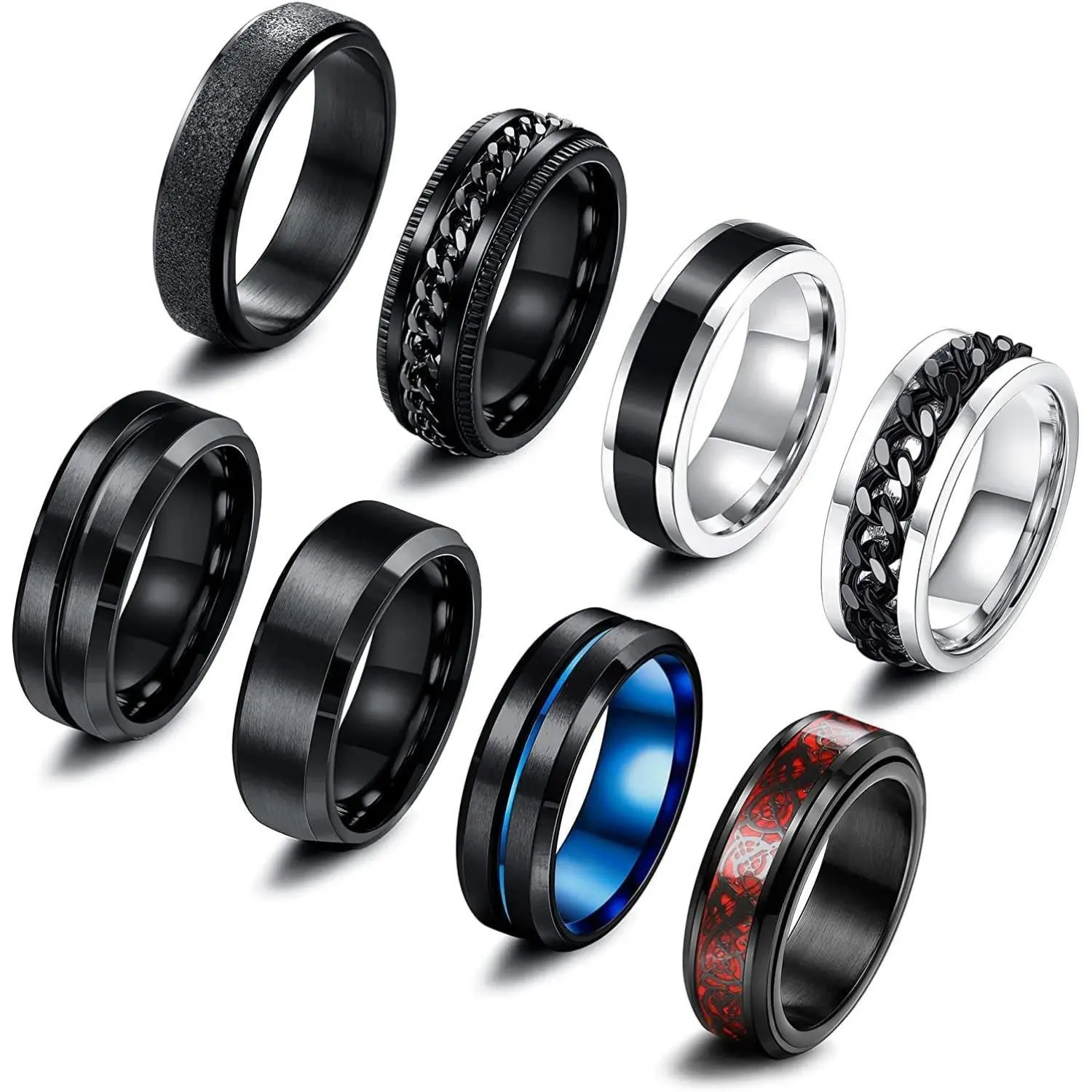 CASSIECA 8-Count Stainless Steel Twisted Chain Rotating Rings, Black Band Fidget Ring for Men, Men's Jewelry (Wedding Promise Option) Sohochic