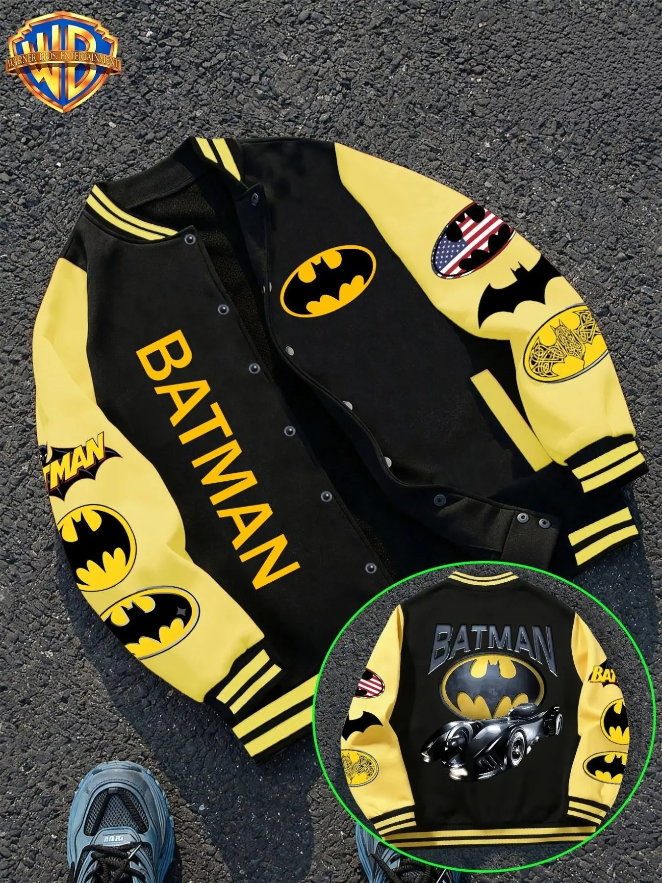Wb Retro Batman Batmobile Baseball Jacket, Warner Bros Classic Back Print, College Style, Casual, Loose Fit, Five Colors Available