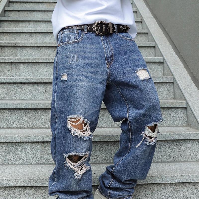 MZNBURAM Men's Ripped Non-Stretch Relaxed Fit Straight-Leg Denim Pants Jeans-Menswear Streetwear Trouser MZNBURAM Men's Ripped Non-Stretch Relaxed Fit Straight-Leg Denim Pants Jeans-Menswear Streetwear Trouser