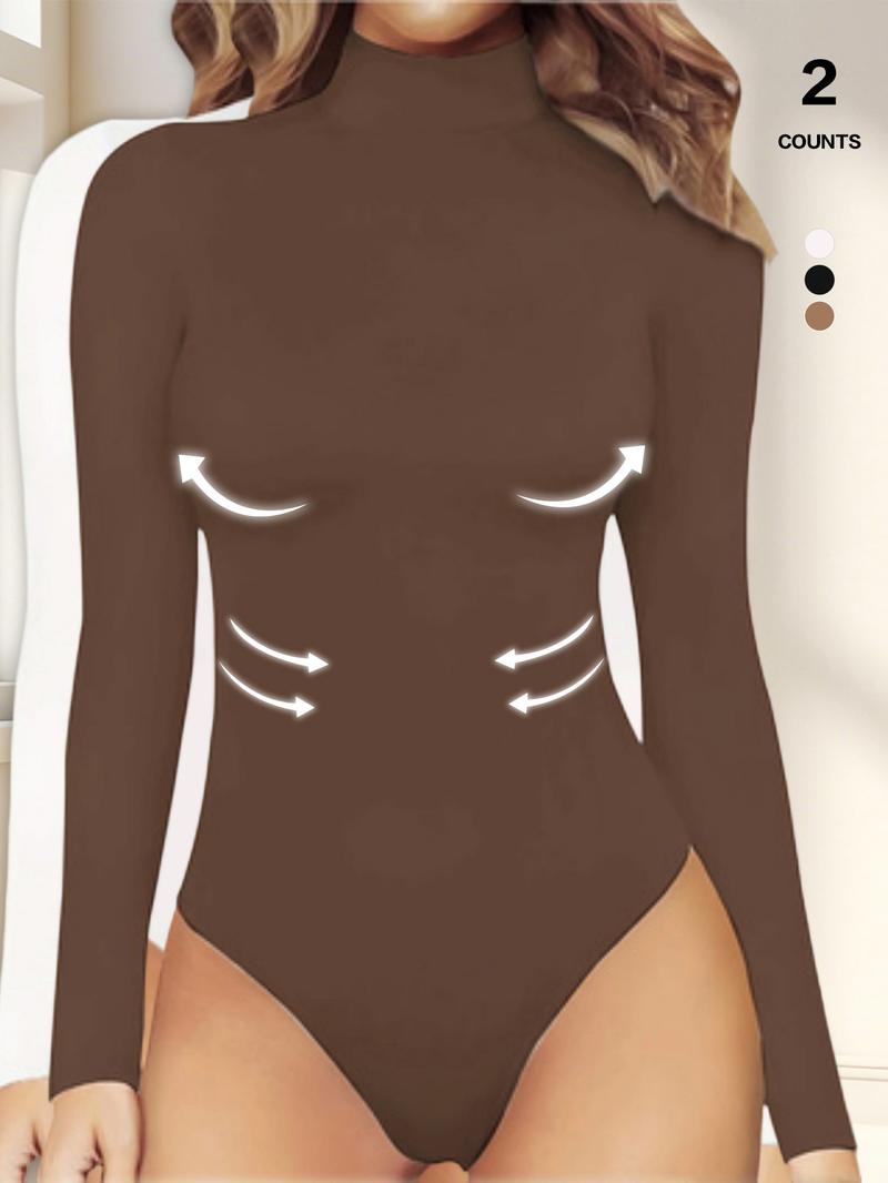 Women's Tummy Control Mock Neck Bodysuit, Long Sleeve Stretchy Slim Fit Jumpsuit, Elegant Body Shaper Top, Casual Lounge Leotard