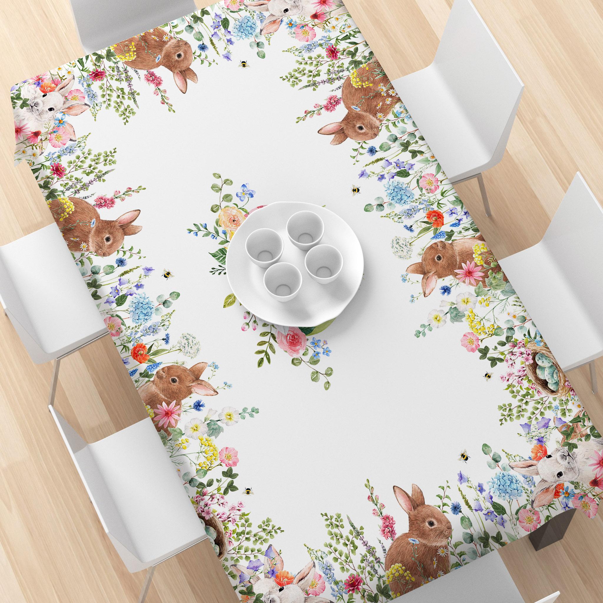 Rectangular Easter Tablecloth, Cartoon Rabbit & Egg Design, Spring/summer Floral Pattern, Perfect for Holiday/easter Decorations