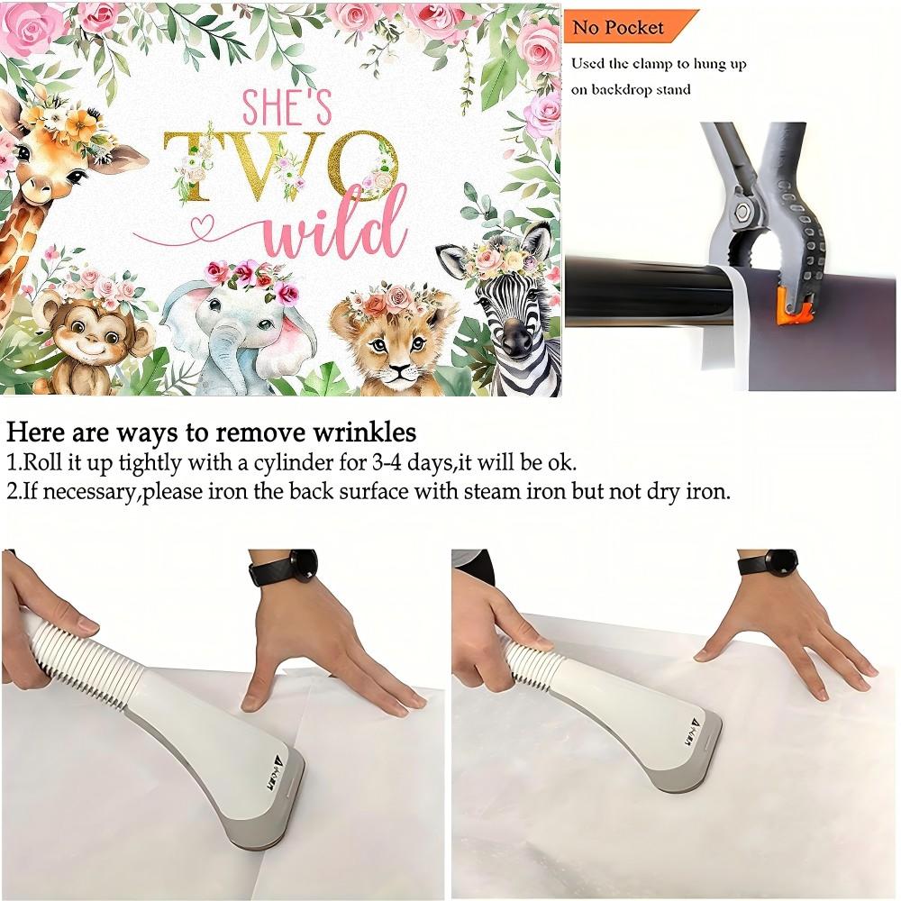 2D Flat 1PC Polyester She's Two Wild Backdrop Safari Animal Watercolor Floral Decor for Indoor & Outdoor Themed Party, Jungle Gathering, Photo Booth, Wall Decor, Home Decoration, Event Background, Available in Multiple Sizes