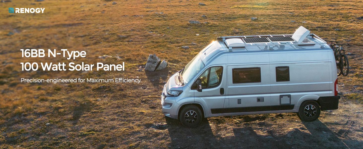 Renogy N-Type 16BB 100W Solar Panel, 12V 100 Watt Solar Panel 25% High-Efficiency, PV Module Power Charger for RV Marine Rooftop Farm Battery and Other Off-Grid Applications