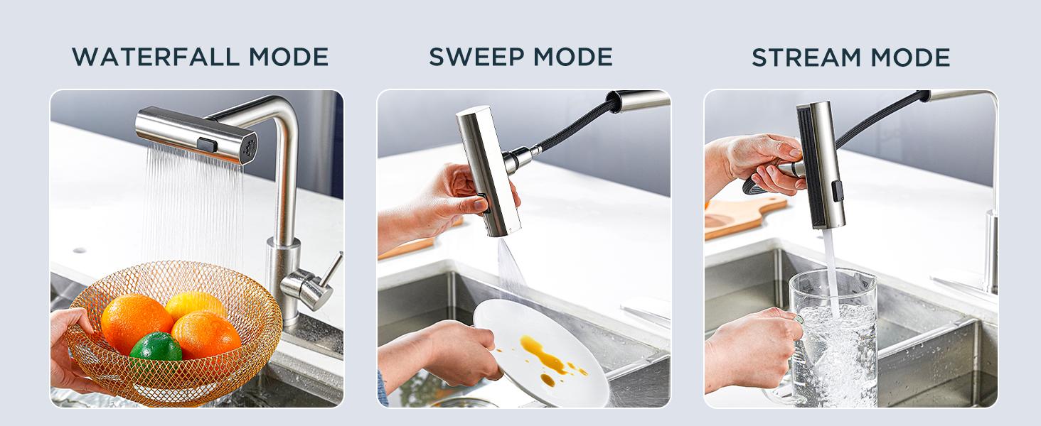 FORIOUS Waterfall Kitchen Faucet with Pull Down Sprayer Stainless Steel Kitchen Faucets with 3 Modes 90° Rotating to Switch Mode SUS304 Sink Faucet