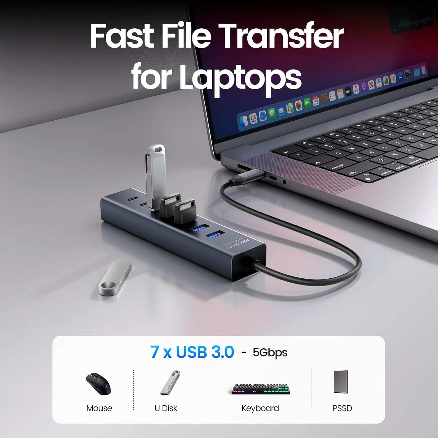 USB C to USB Hub Multiport Adapter, Aluminium 7-Port USB C Hub Multiport Adapter, USB Extenders, USB c Splitter for Thunderbolt, MacBook Pro/Air, Laptop, iPad, iMac, U Flash, PSSD, Keyboard,