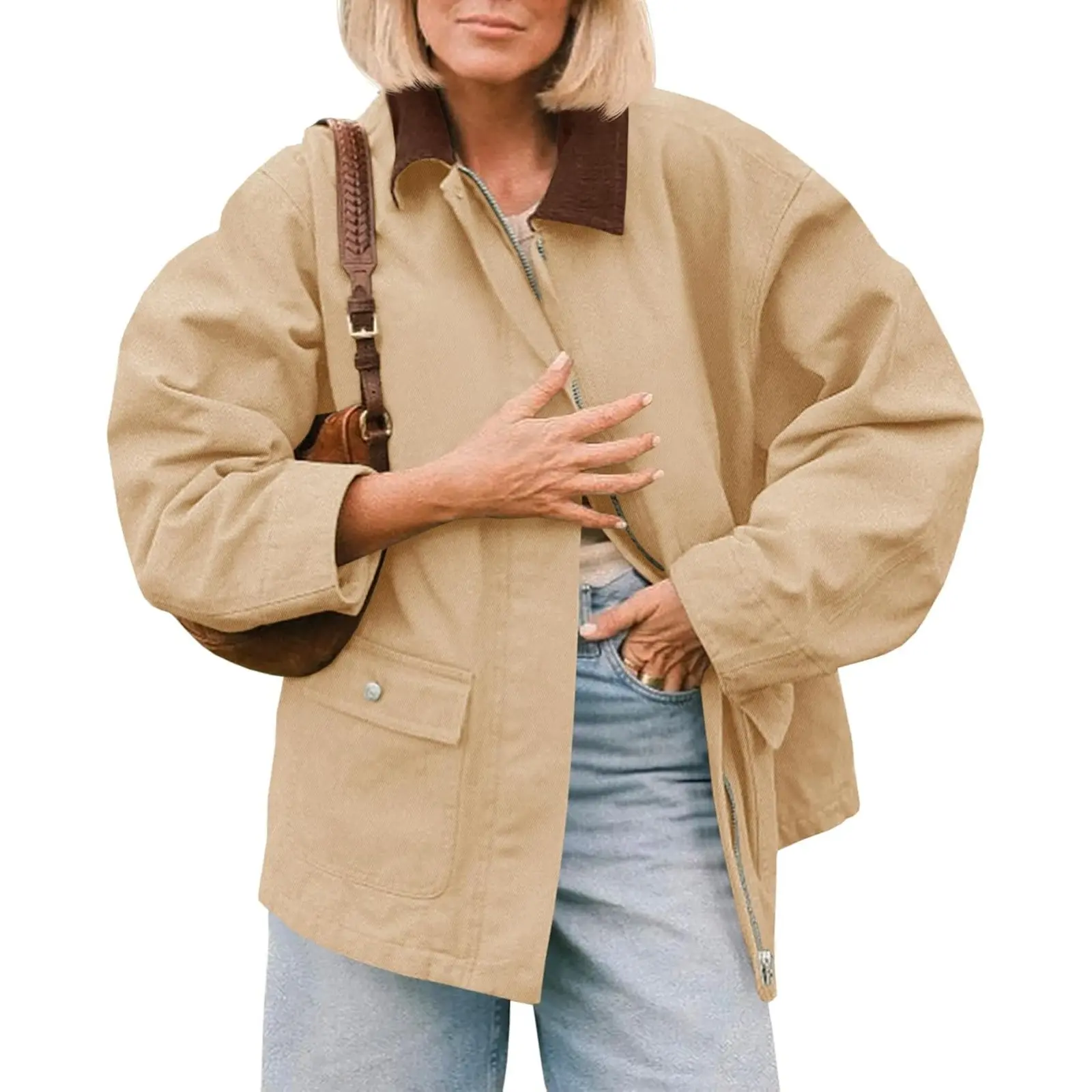 Tankaneo Women's Oversized Cotton Blend Barn Jacket - Fall Safari Trench Coat with Multiple Pockets, Color Block, Vintage, Zip Up, Casual, Machine Wash, Daily Outdoor Wear, Tops, Long Sleeve