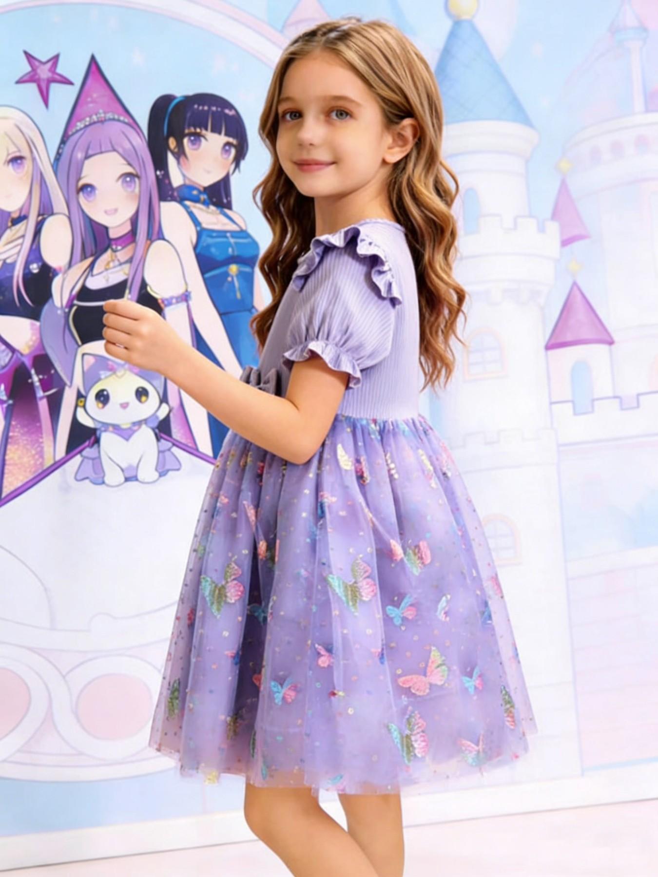 Princess Party Dance Dress, Butterfly Mesh Skirt, Dreamy Elegant Design, K-Pop Girl Group Print, Perfect for Camping Travel Parties