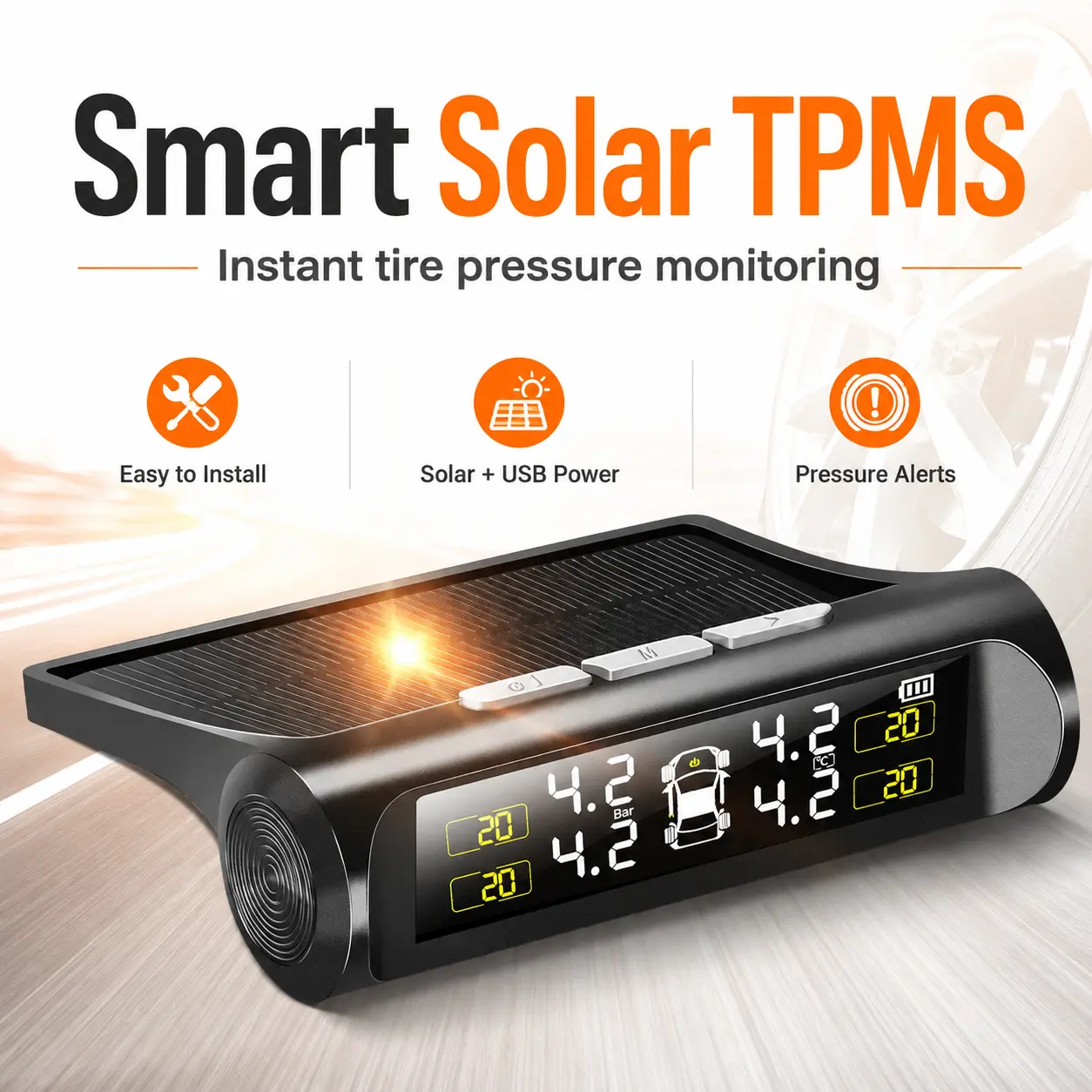 Wireless Car Tire Pressure Monitoring System with Solar Charging and Digital LCD Screen, Real-Time TPMS Pressure and Temperature Detection with High/Low Pressure Warning for Multiple Vehicles