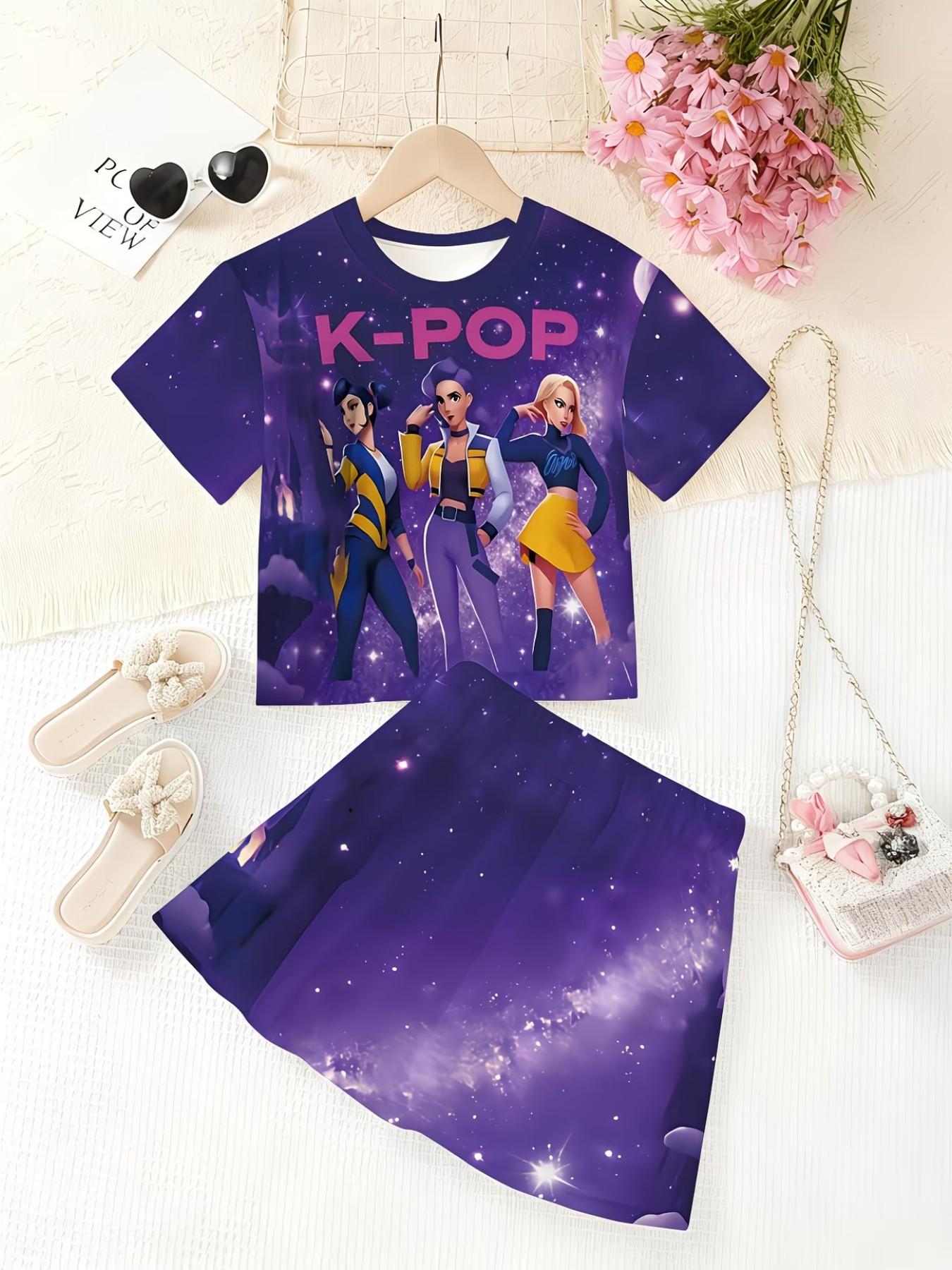 Girls' Summer Casual Set, Cartoon 3D Print, Fashion Round Neck Short Sleeve Top + Skirt, Comfortable Summer for Kids