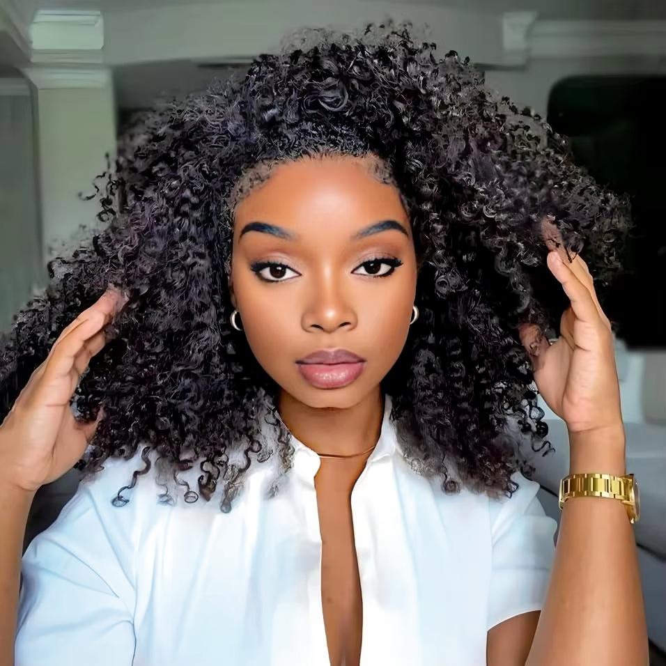 [3 IN 1 HALF WIG] Bling Hair Half Wig Human Hair Kinky Curly Glueless Wig Human Hair Ready to Wear 3 IN 1 Half Wig With Drawstring 180 210  Density Curly Half Wig