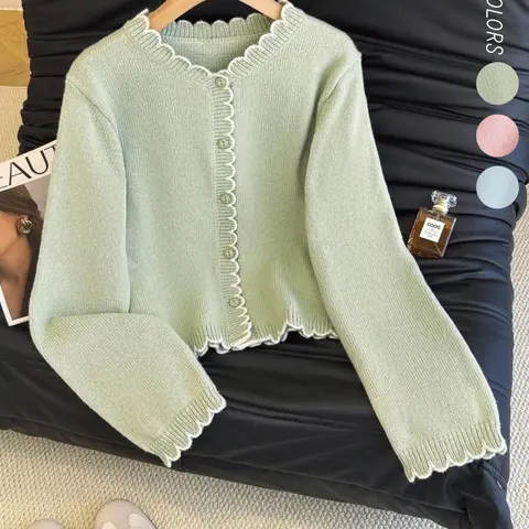 Women's Crew Neck Button Front Ruffle Trim Long Sleeve Color Block Knit Cardigan, Fall Winter Casual Loose Fit Cute Daily Cardigan Sweater, Stylish and Comfortable Outerwear Knitted