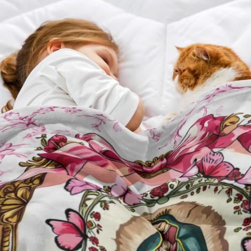 Our Lady of Guadalupe Pink Bow Floral Butterfly Religious Flannel Throw Blanket Catholic Virgin Mary Ornate Frame Faith Home Decor 30*40in 40*50in 50*60in 60*80in US Local Shipping multifunctional couch bed living room Custom Coloring 3D cooling blankets