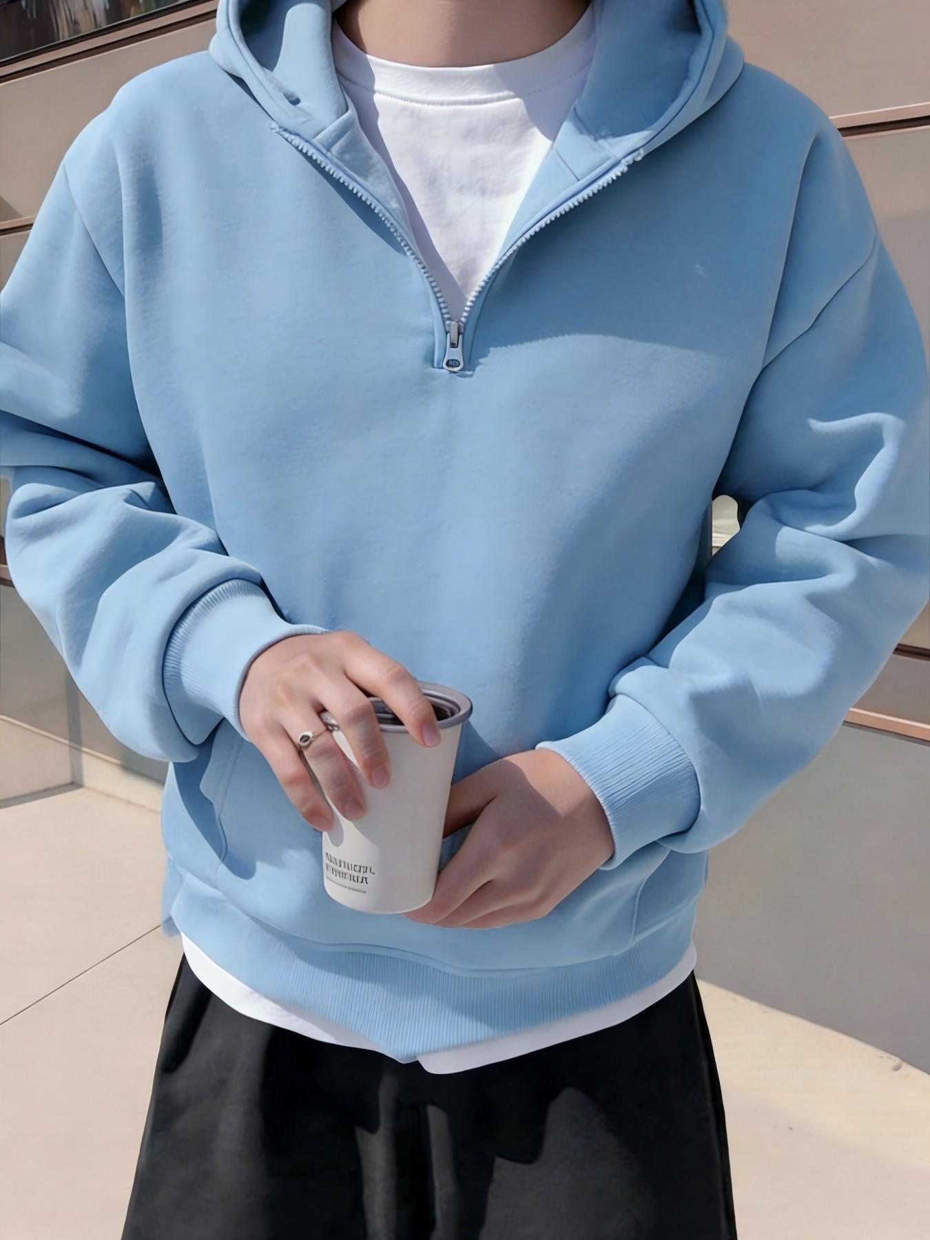 Men's Light Blue Half-Zip Hoodie & Sweatpants Set, Heavyweight Oversized Loungewear, Casual Jogger for Spring & Fall, 9 Colors