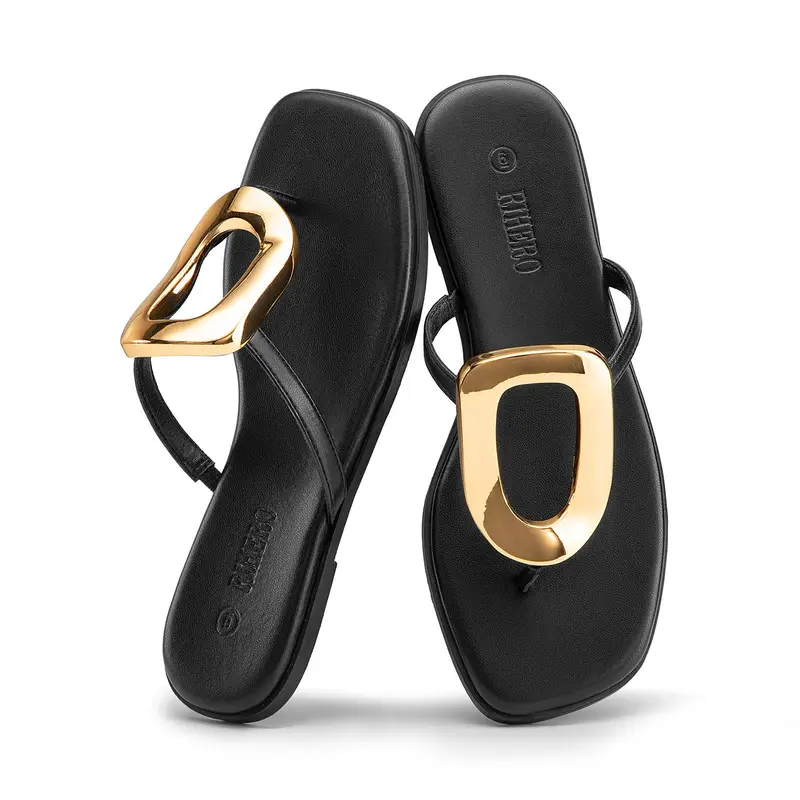 Rihero Women's Elegant Square Toe Flip Flops - Breathable Flat Sandal Shoes with Metal Decoration, Casual Fashion Shoes for Women, All Seasons Beach & Daily Wear Sandals