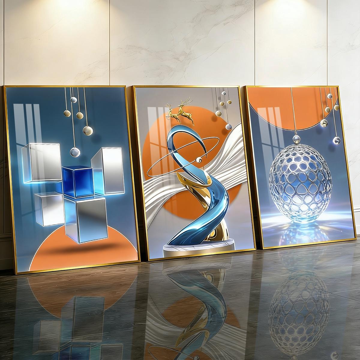 3 Counts Aluminum Alloy Framed Painting, Modern Abstract Geometric Sphere And Cube Art, Home Decoration For Living Room, Bedroom, Office, Restaurant, Hallway Wall Decor, Odorless Print Artwork, Luxury Perfect Gift For Friends And Family
