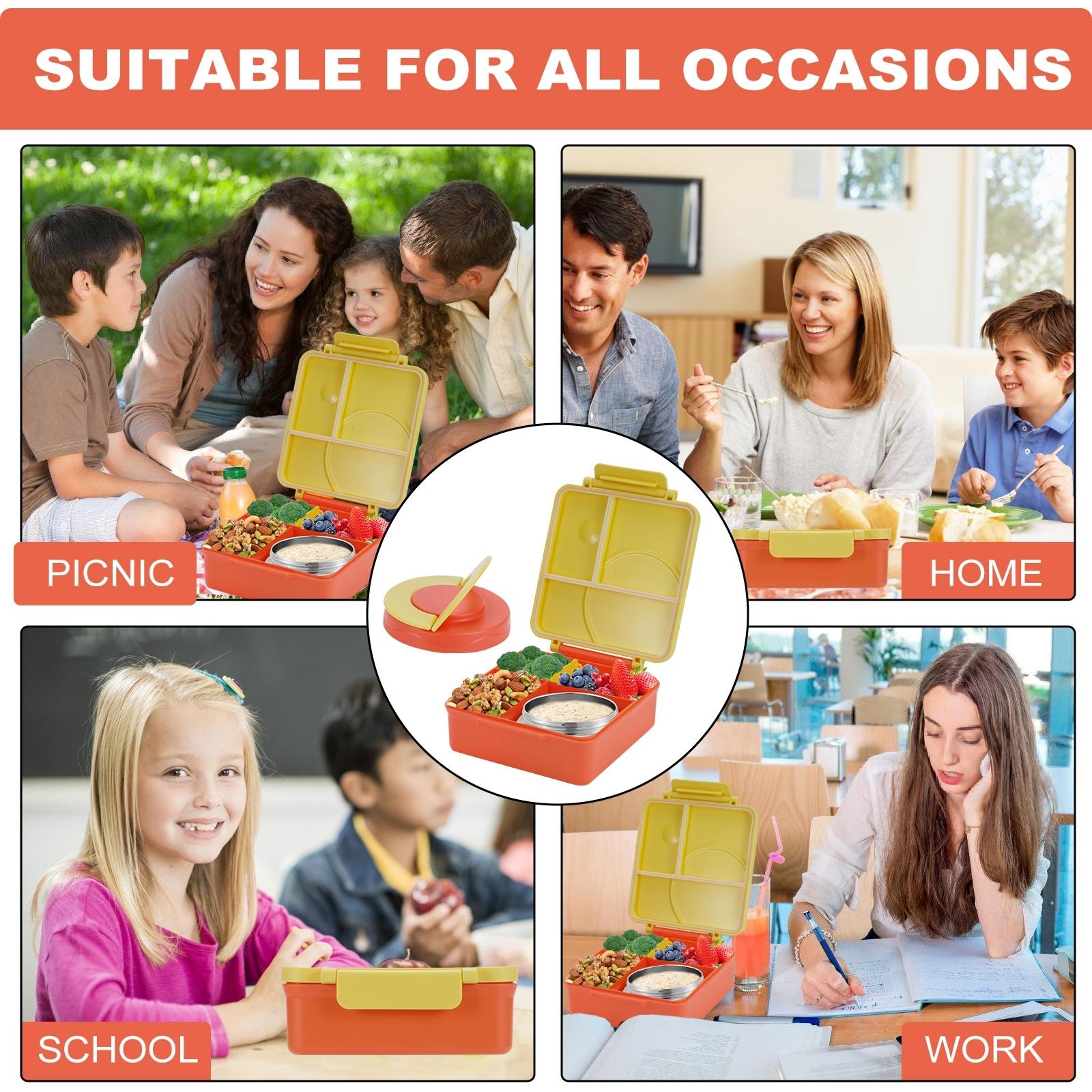 Bento Lunch Box Set for Kids🍗🥦🍓🍰🍲 with 9.5 oz Soup Thermo, Leak-Proof Lunch Containers with 4 Compartment, Kids Thermo Hot Food Jar ，BPA Free ， Utensils for Girl Boy School, Microwave Dishwasher Safe