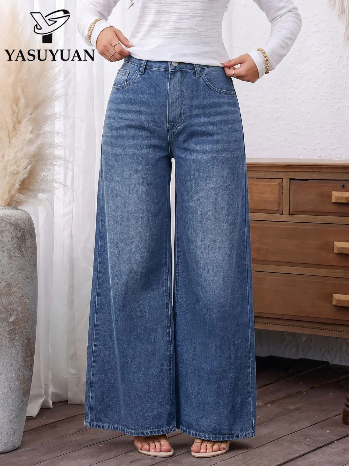 Women's Mid-Waist Wide-Leg Jeans, Loose-Fit Straight Leg Long Pants, Vintage Washed Multi-Color, Casual Fashion Trousers
