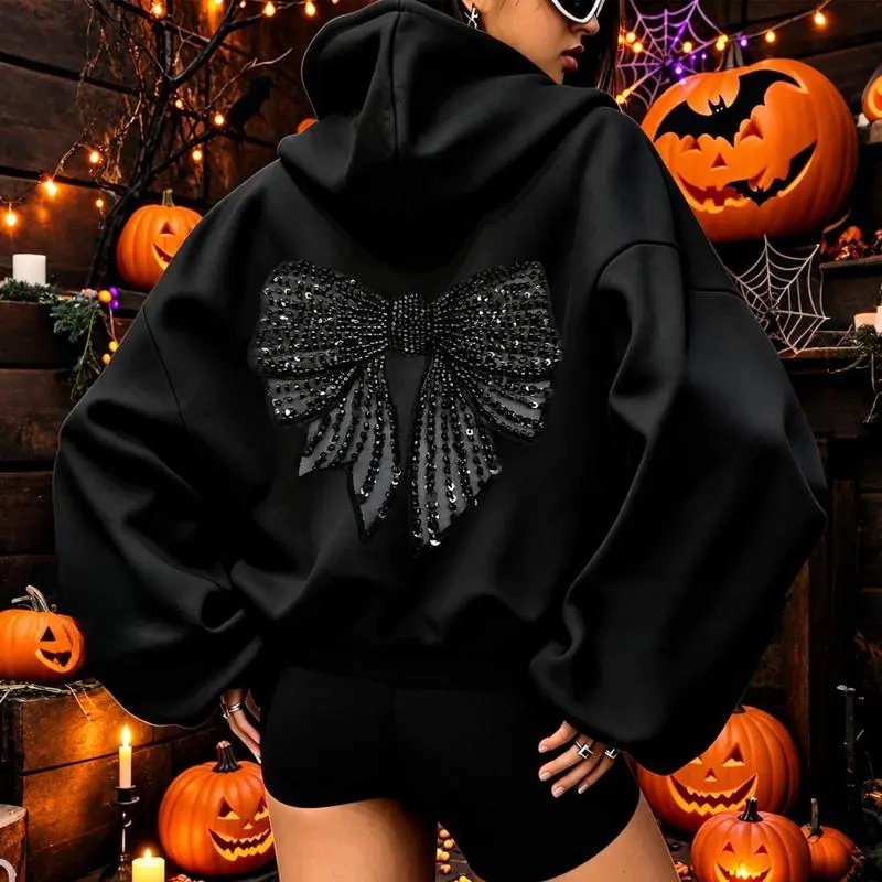 Women’s Bow Print Oversized Hoodie Soft Fleece Pullover Sweatshirt Casual Loose Fit Long Sleeve Hoodie Top Fall Winter Fashion