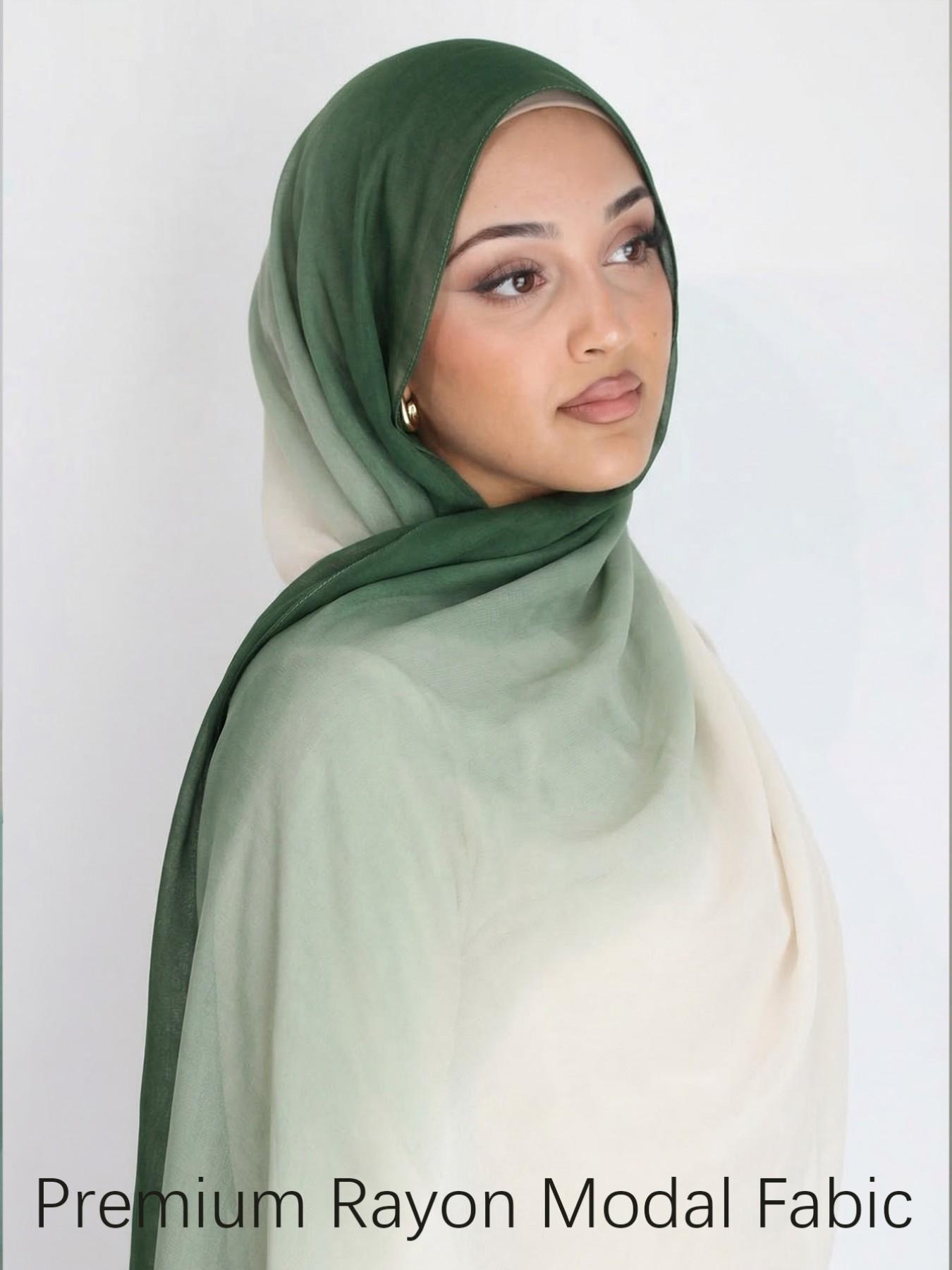 Women's Elegant Gradient Print Hijab Scarf, Soft Cotton Headscarves, Muslim Daily Wear Long Shawl, Fashionable Beach Wrap