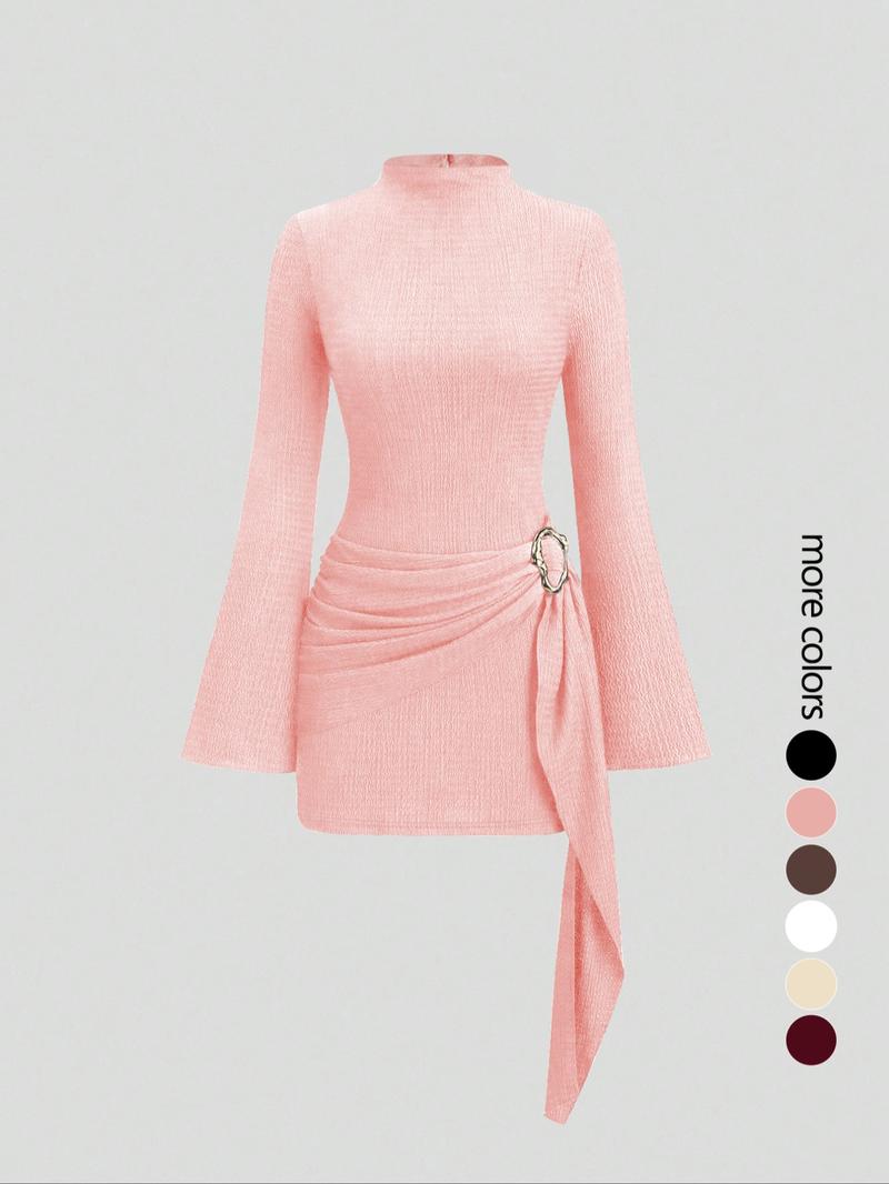 Women's Stand Collar Cinched Waist Minimalist Flare Sleeve Bodycon Midi Dress