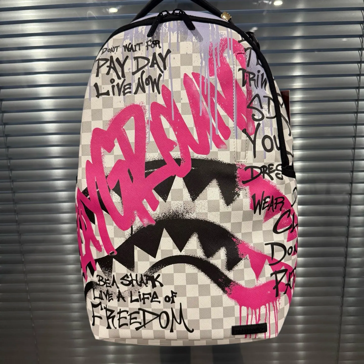 SPRAYGROUND SG Pink-Black Graffiti Checkerboard Shark Mouth PVC Backpack - Unisex Couple-Style Functional Luggage Bag