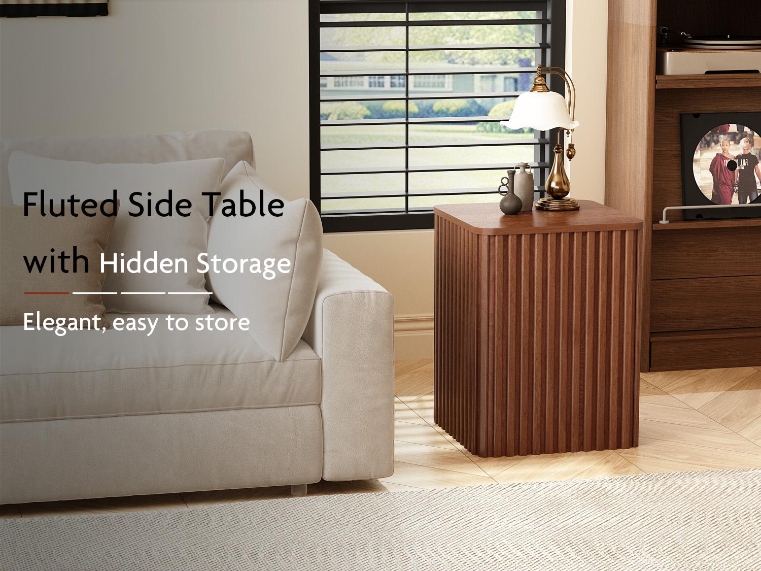 PieDle Furniture Modern Farmhouse Small Square Fluted Accent Table with Storage, Solid Wood Veneer Top, Ideal for Living Room by Couch