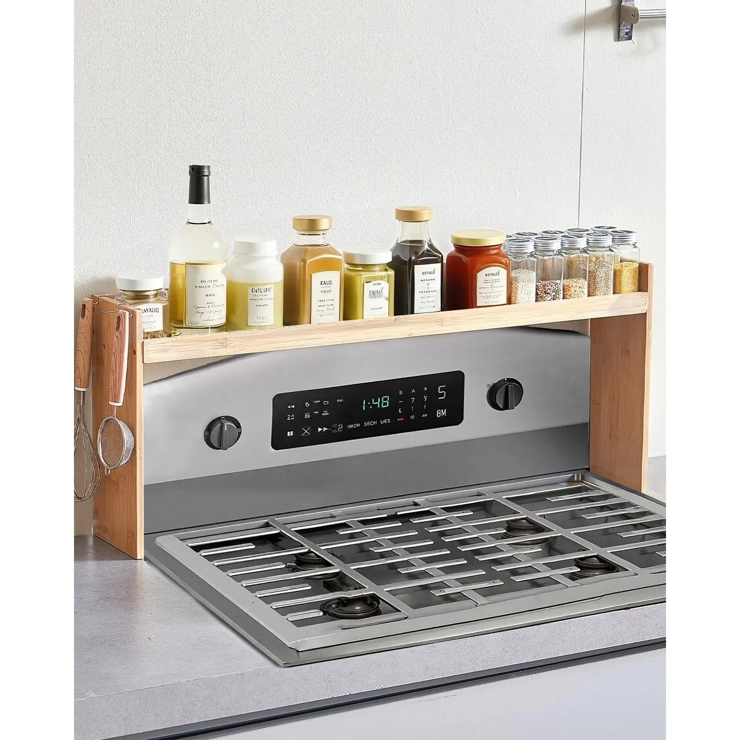 Over The Stove Spice Shelf And Kitchen Organizer Bamboo 32.6x13 Inches, Space-Saving Spice Rack With 6 Hooks, Durable Handcrafted Storage For Spices, Herbs, Oils, Salt, Pepper, And Accessories, Easy Install Under Cabinet