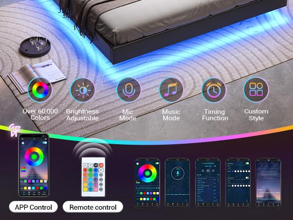 Hasuit Queen Floating Bed Frame with Storage Headboard and LED Lights Queen Size Visual Floating LED Bed Frame with Type-C & USB Port Upholstered Platform Bed with Storage,No Box Spring Needed