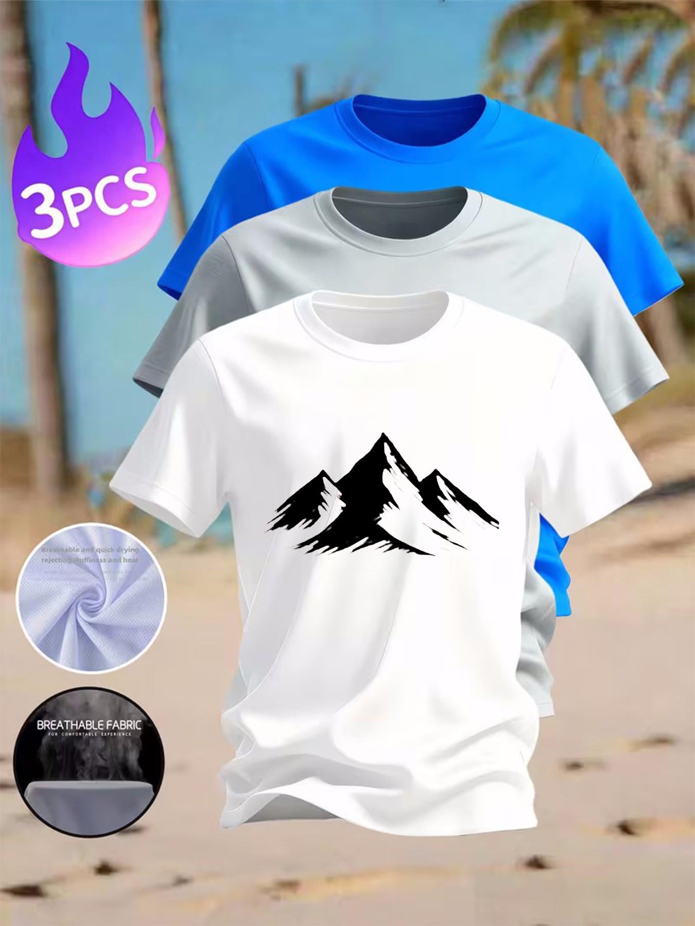 3-Pack Men's Mountain Print T-Shirts, Casual Crew Neck Short Sleeve Tees, Breathable Quick-Dry Summer Tops for Outdoor Hiking