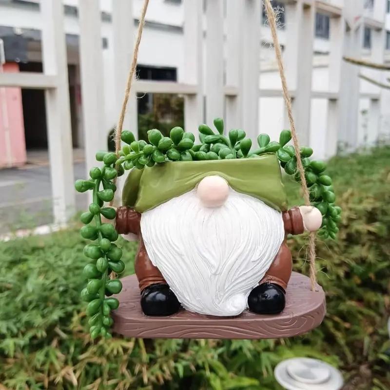 Cute Gnome Dwarf Swing Hanging Planter, Resin Craft Outdoor Garden Patio Decor, Weather-Resistant & Durable, New Christmas Plant Pot