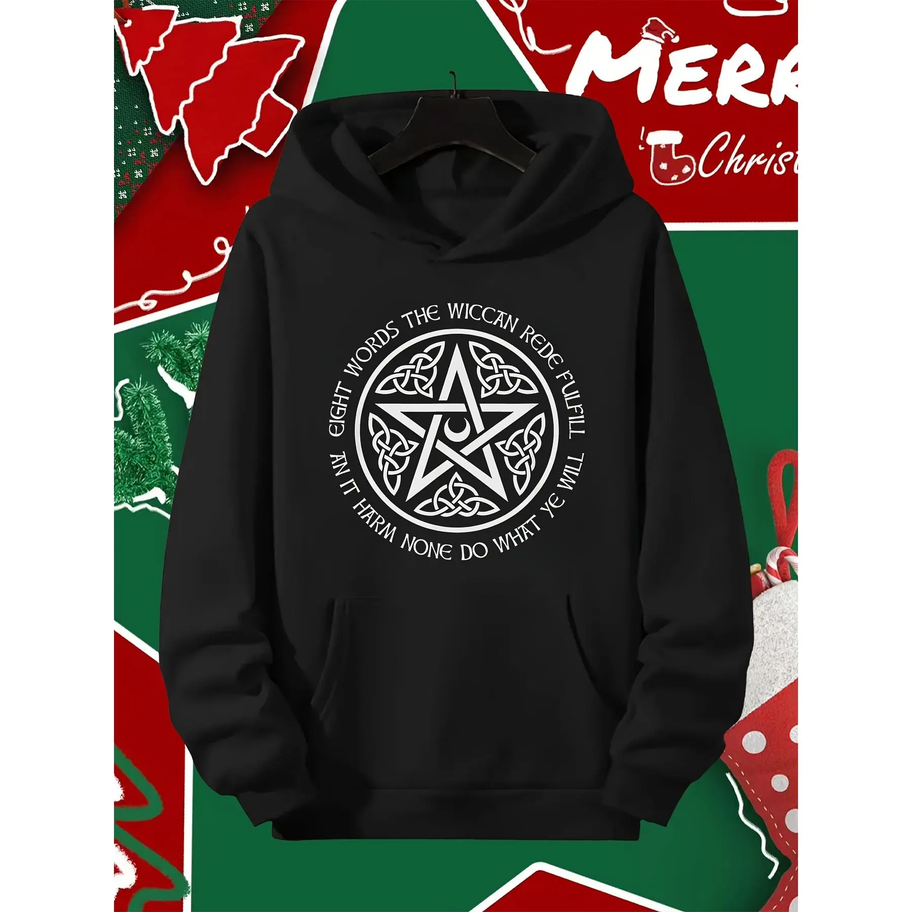 Men's & Women's Celtic Knot Pentacle Wiccan Hooded Sweatshirt - Pullover with Pockets, Celtic Knot & Pentagram Wiccan Design, Cozy All-Season Wear for Pagan, Gothic, for halloween, Christmas Gifts (Black)